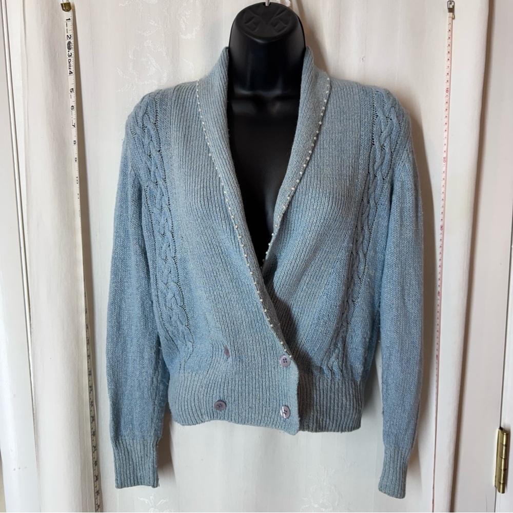 Vintage Women's Deepa Blue Silk Mix Cable Knit Cardigan